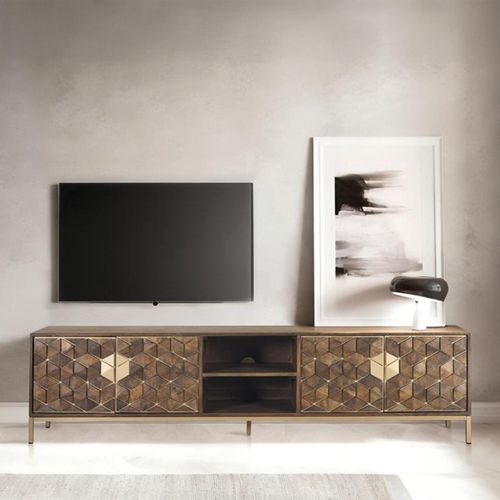 Caltan Walnut Mango Wood and Gold Geometric 4 Door Large TV Unit