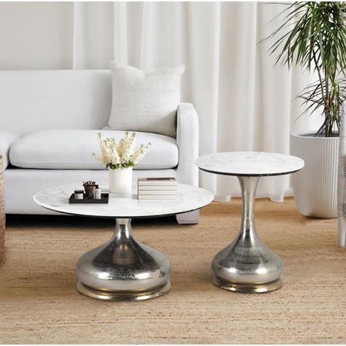 Perugia White Marble Round Side Table - Set of 2