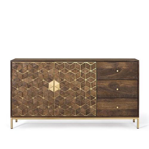 Caltan Walnut Mango Wood and Gold Geometric 2 Door Medium Sideboard - 145cm