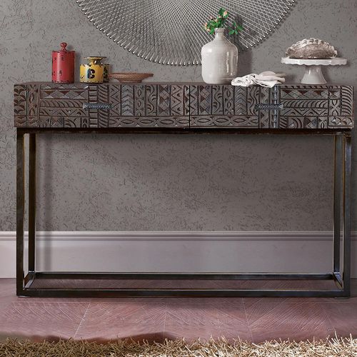 Macedonia Carved Dark Mango Wood 2 Drawer Console Table