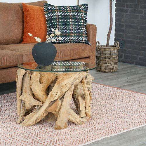 Grand Glass and Teak Root Round Coffee Table