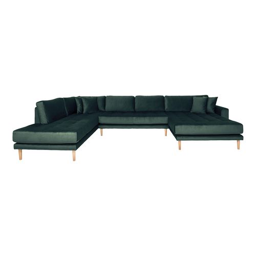 Lido Dark Green Velvet Fabric U-Sofa Open End with Natural Legs - RHF