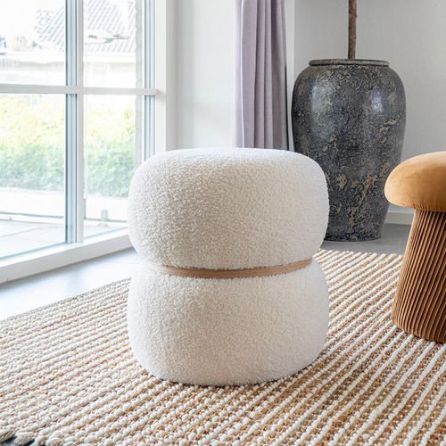 Milford White Boucle Fabric Round Pouf