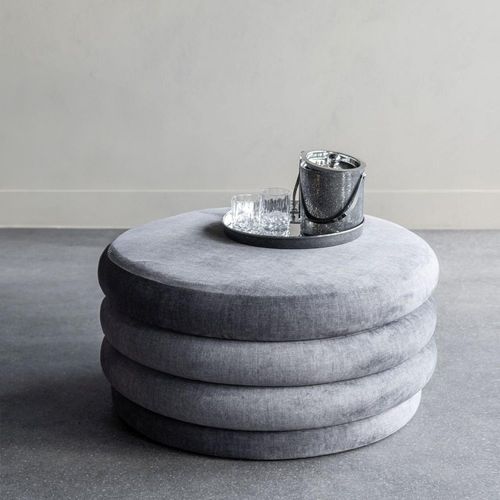Libra Casa Grey Velvet Fabric Round Ottoman Storage Stool
