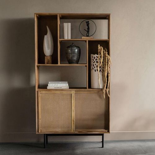 Libra Maddox Acacia Wood and Rattan Bookcase with Cupboard