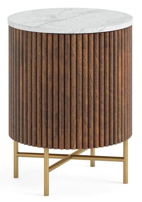 Harvard Dark Wood Fluted 1 Door Round Bedside Table with White Marble Top