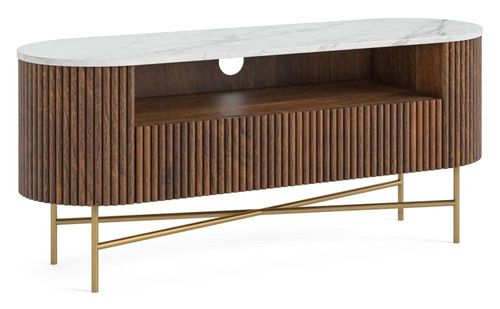 Harvard Dark Wood Fluted 120cm Curved TV Unit with White Marble Top