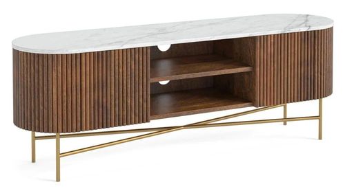 Harvard Dark Wood Fluted 150cm Curved TV Unit with White Marble Top