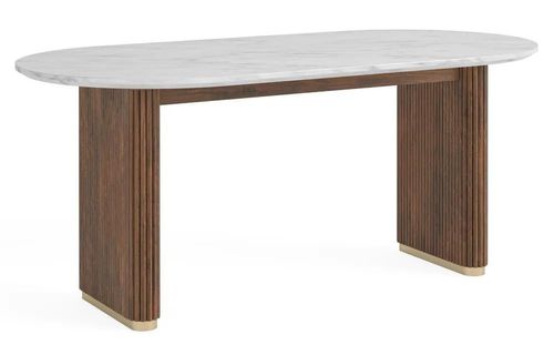 Harvard Dark Wood 6 Seater Fluted Oval Dining Table with White Marble Top - 180cm