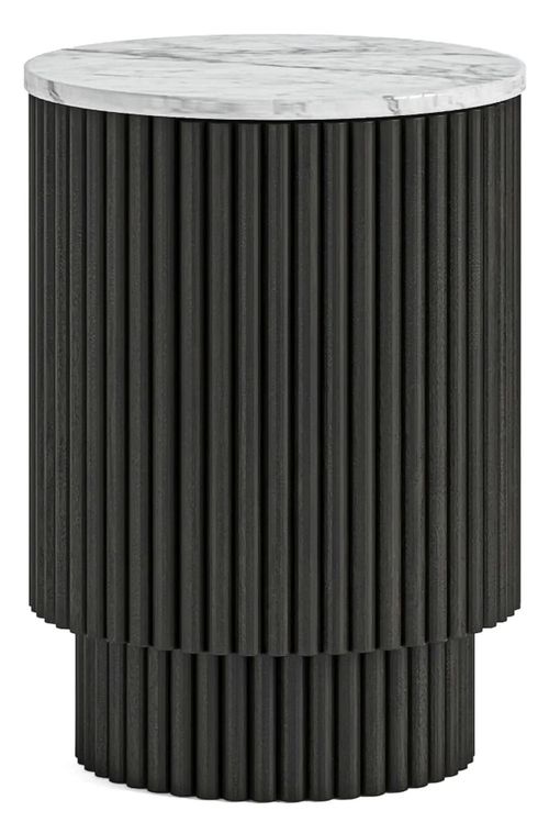 Lucas Black 1 Door Round Fluted Side Table with White Marble Top