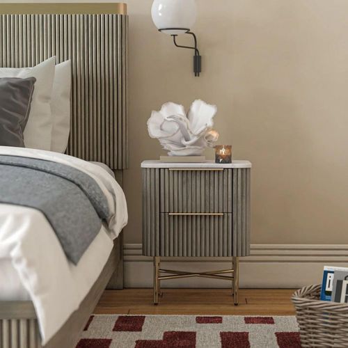 Isabella Grey Fluted 2 Drawer Narrow Bedside Table with White Marble Top