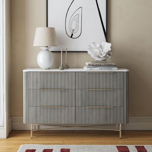 Isabella Grey 6 Drawer Fluted Chest with White Marble Top