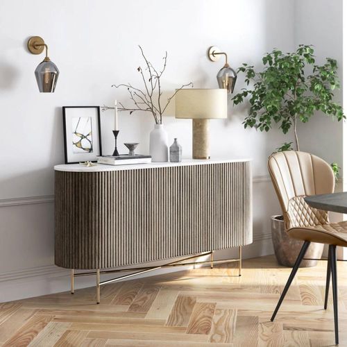 Isabella Grey Large 2 Door Fluted Curved Sideboard with White Marble Top - 145cm