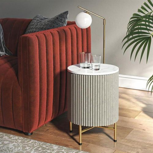 Isabella Grey Round Fluted Side Table with White Marble Top
