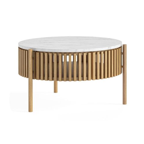 Soho Oak 1 Door Story Round Slatted Coffee Table - White Marble Top