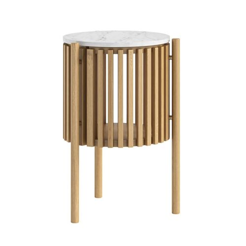 Soho Oak 1 Door Slatted Story Round Side Table - White Marble Top