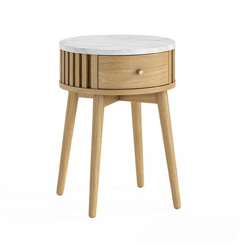 Soho Oak 1 Drawer Slatted Round Side Table - White Marble Top