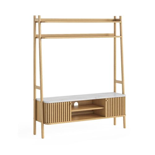 Soho Oak Slatted Ladder Storage TV Unit - White Marble Top