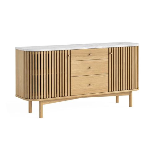 Soho Oak 2 Door Slatted Sideboard - White Marble Top - 140cm