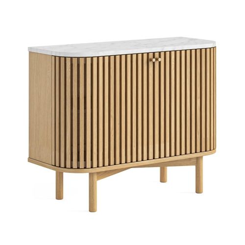Soho Oak 2 Door Slatted Small Sideboard - White Marble Top