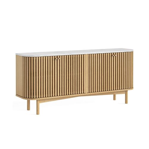 Soho Oak 4 Door Slatted Large Sideboard - White Marble Top