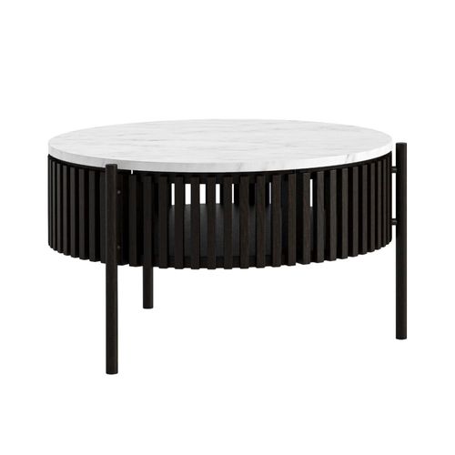 Soho Black 1 Door Slatted Story Round Coffee Table - White Marble Top