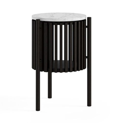 Soho Black 1 Door Slatted Story Round Side Table - White Marble Top