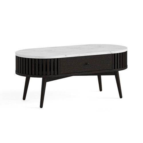 Soho Black 1 Drawer Slatted Oval Coffee Table - White Marble Top