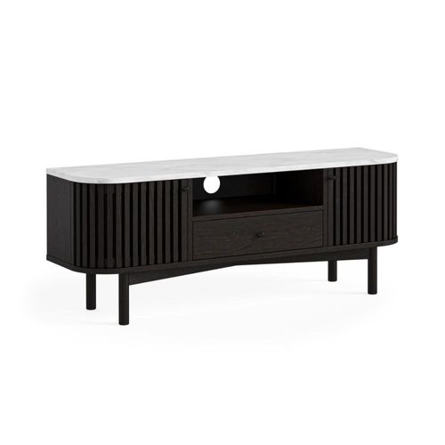 Soho Black 130cm Slatted Small Storage TV Unit - White Marble Top