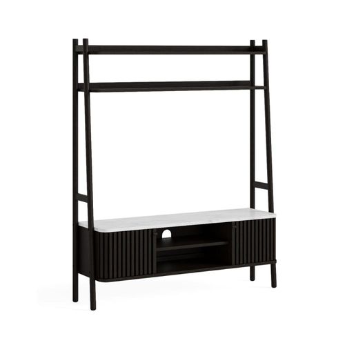 Soho Black Slatted Ladder Storage TV Unit - White Marble Top