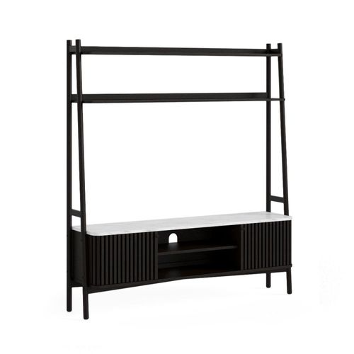 Soho Black 165cm Slatted Ladder Large Storage TV Unit - White Marble Top
