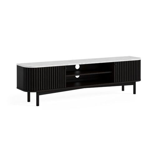 Soho Black 180cm Slatted Large Storage TV Unit - White Marble Top