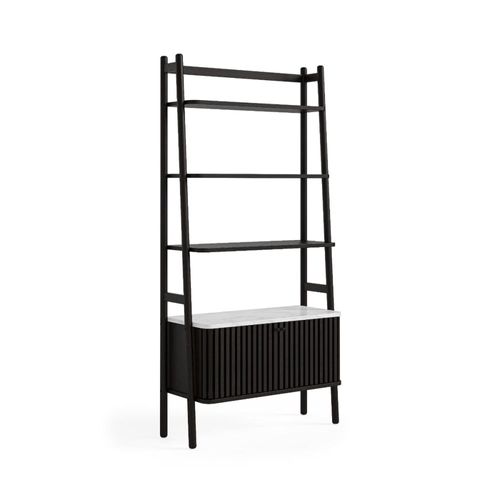 Soho Black 2 Door Slatted Bookcase - White Marble Top