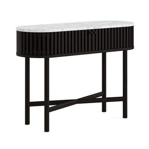 Soho Black 2 Door Slatted Oval Console Table - White Marble Top