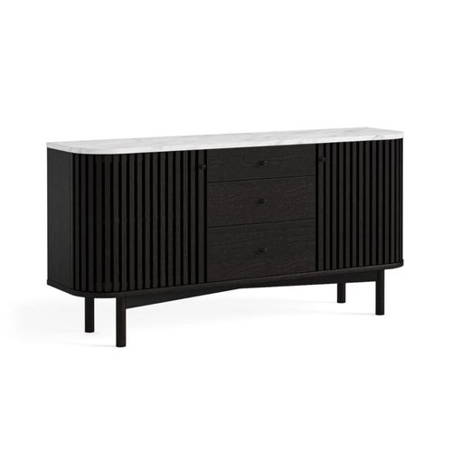 Soho Black 2 Door Slatted Sideboard - White Marble Top - 140cm
