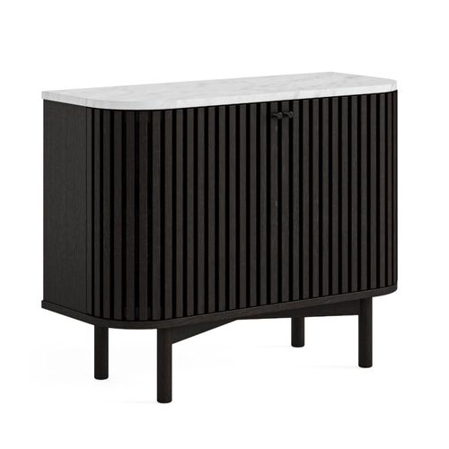 Soho Black 2 Door Slatted Small Sideboard - White Marble Top
