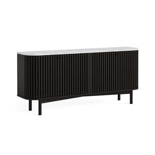 Soho Black 4 Door Slatted Large Sideboard - White Marble Top