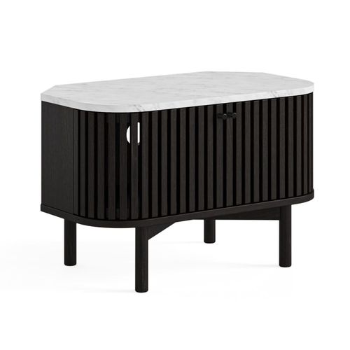 Soho Black Slatted Corner Storage TV Unit - White Marble Top