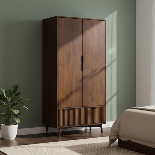 Harley Fluted Dark Wood 2 Door 1 Drawer Double Wardrobe