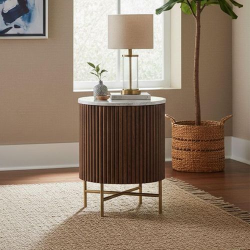 Harvard 1 Door Fluted Round Bedside Table with White Marble Top