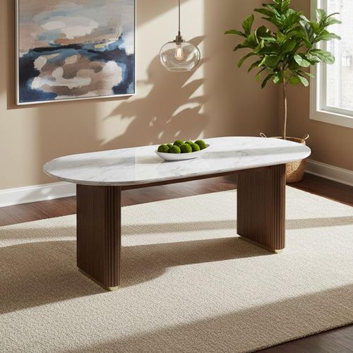 Harvard 6 Seater Oval Fluted Dining Table - White Marble Top