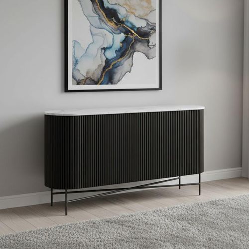 Lucas Black 150cm Medium 2 Door Fluted Curved Sideboard with White Marble Top