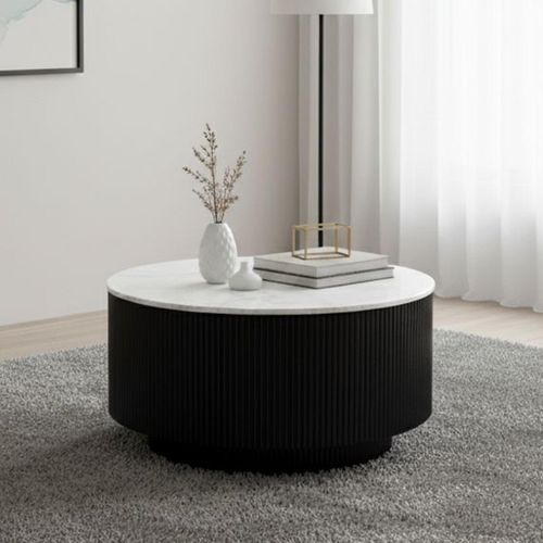 Lucas Black Round Fluted Coffee Table with White Marble Top