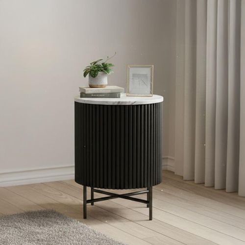 Lucas Black 1 Door Fluted Bedside Table with White Marble Top