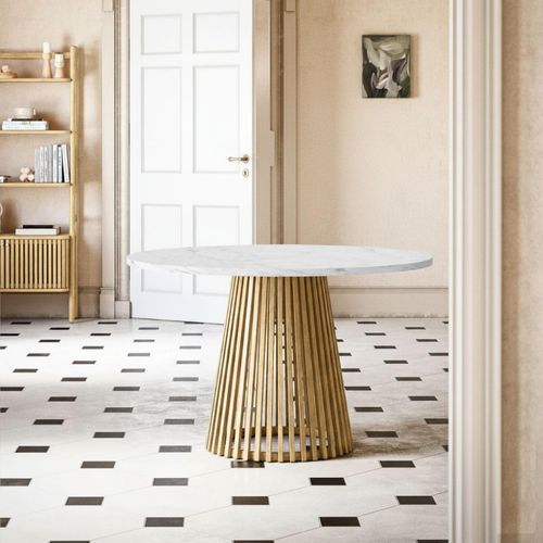 Soho Oak 4 Seater Round Dining Table with Slatted Base - White Marble Top - 120cm