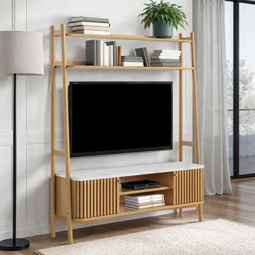 Soho Oak Ladder Slatted Storage TV Unit - White Marble Top