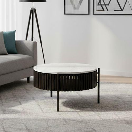 Soho Black 1 Door Slatted Story Round Coffee Table - White Marble Top