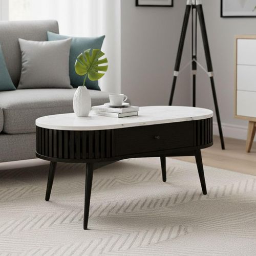 Soho Black 1 Drawer Slatted Oval Coffee Table - White Marble Top