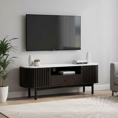 Soho Black 130cm Slatted Small Storage TV Unit - White Marble Top