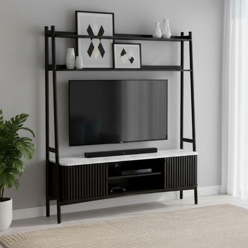 Soho Black 165cm Slatted Ladder Large Storage TV Unit - White Marble Top